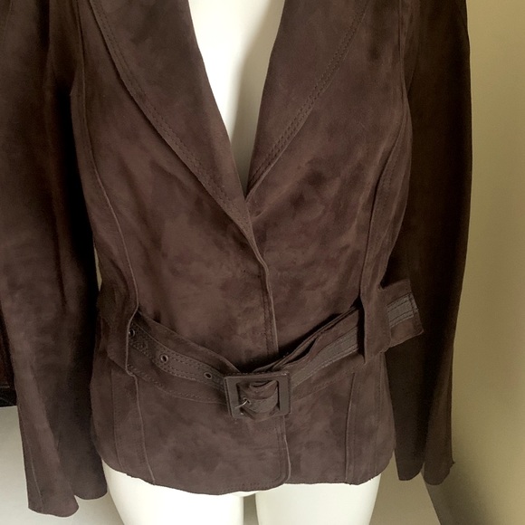 DESA cocoa brown real Suede Leather Blazer jacket suede belt snap closure US L - Picture 3 of 16